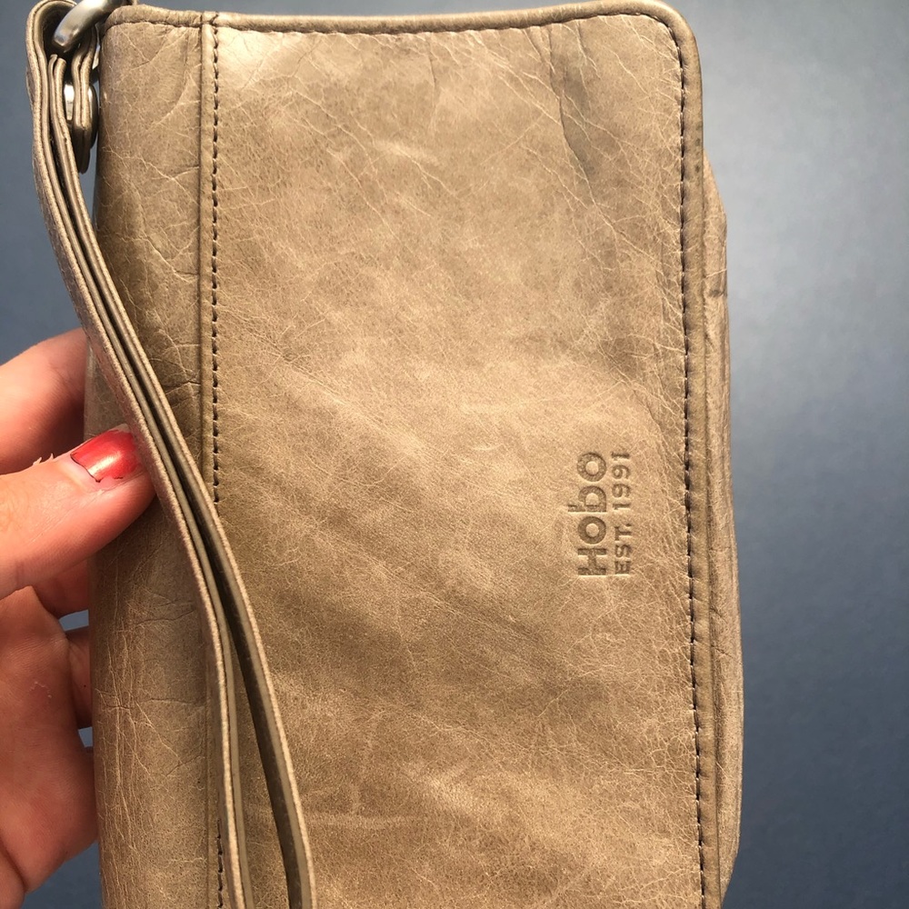 Taupe Leather Hobo Wristlet